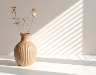 Beige vase with dried flowers, sunlit shadows