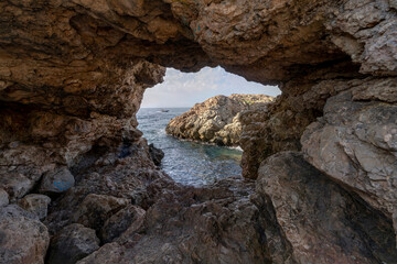 Cave in Cabo Tocinillo. Cala Xinxell, Illetes, Palma, Mallorca, Spain.