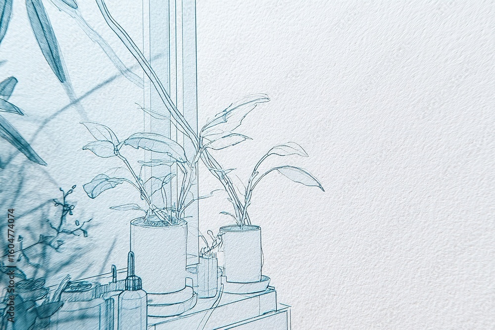 Poster sketch of potted plants on a windowsill with soft light filtering through during the afternoon