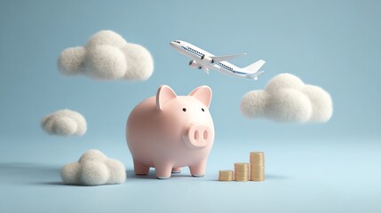 Piggy bank with airplane and clouds illustration.