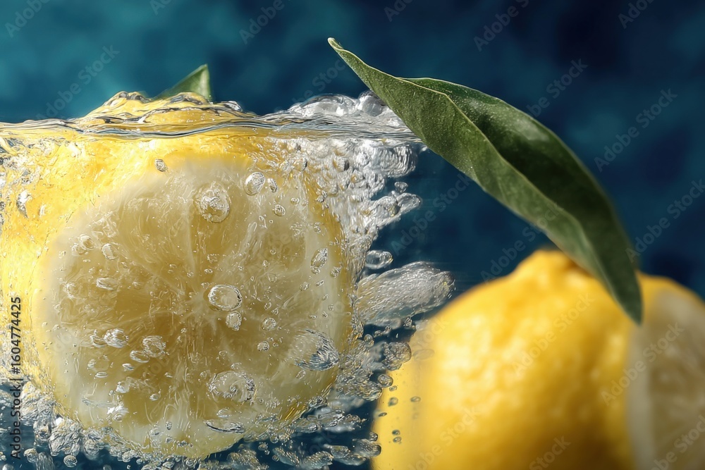 Poster fresh whole and sliced lemons with green leaf splashing into water creating a dynamic and refreshing