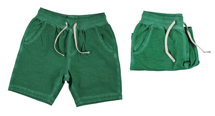 Green shorts with white cord. Thick folded fabric. Isolated image on a white background. Nobody.