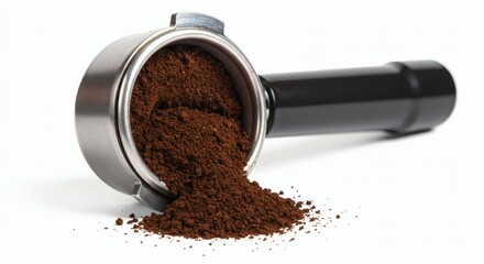 Espresso Start Portafilter Filled with Coffee Grounds on White.