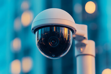 A security camera affixed to a pole is shown, it monitors the surroundings and contributing to surveillance and public safety in a modern setting.