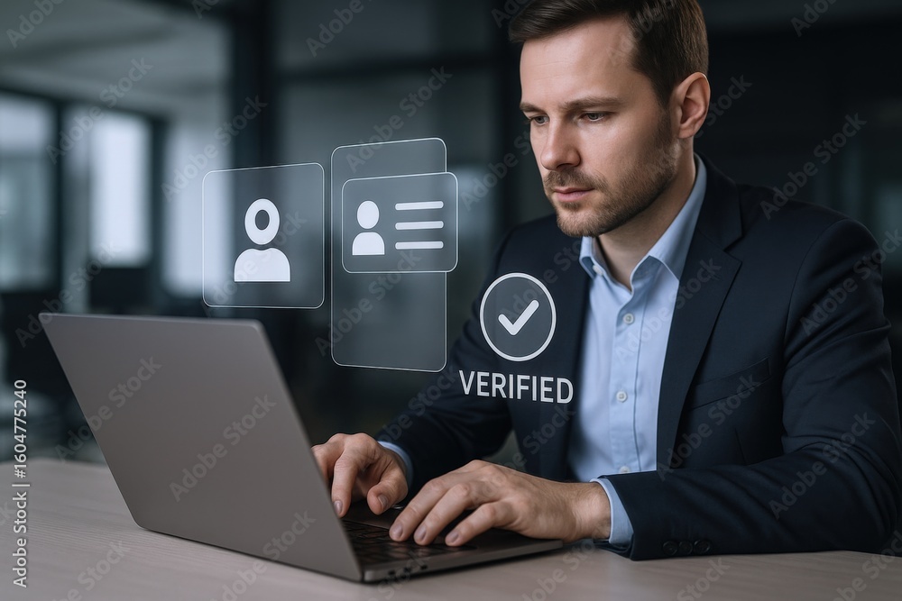 Poster professional businessman using a laptop with digital interface icons representing verified profile a