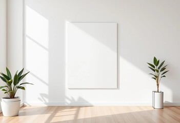 Clean white poster mock-up on minimalist wall, sunlit interior,  room,  marketing