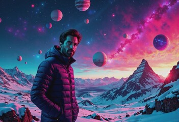 Naklejka premium Astronomer at a winter solstice observatory under a cosmic sky