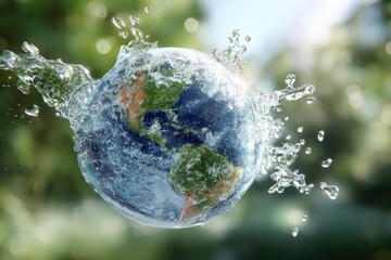 Vibrant Earth Globe surrounded by water splashes illustrating environmental conservation and global water awareness in nature