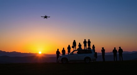 Fototapeta premium Sunset Surveillance Drone Group on SUV Rooftop in Mongolia.
