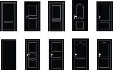 Detailed Black Door Silhouettes: Vector Set of Various Classic and Modern Architectural Entryways & Interior Elements.