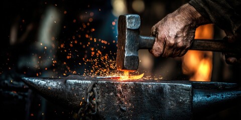 Skilled blacksmith forging a glowing hot metal piece with a hammer in a traditional workshop with sparks flying in the air