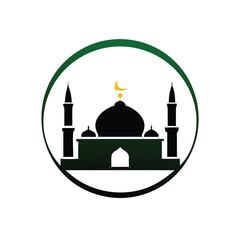 Islamic mosque silhouette with minarets framed by green circle shows faith and tradition
