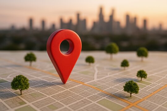 Close-up of a bright red map pin marker on a detailed city map with roads and small green trees, representing navigation and urban planning concepts
