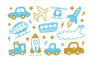 Child's Transport Doodle: A whimsical collection of hand-drawn transport elements, illustrating cars, planes, helicopters, rockets, blimps, and more.
