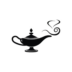 A black silhouette showcases an ornate magic lamp with smoke on transparent background