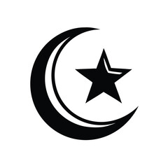 A black crescent moon shape surrounds a five pointed star on a white background