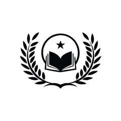 Open book icon with star emblem inside laurel wreath displays elegant minimalism