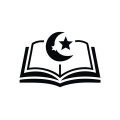 Silhouette of open book displays the Islamic crescent moon and star symbols transparent background