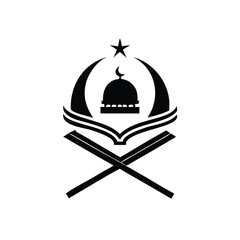 Black Islamic symbol displays star, crescent moon, mosque dome, open book, and crossed bars with transparency