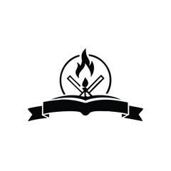 Black silhouette showcases an open book with a flame and ribbon design, shown on white