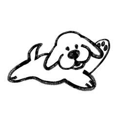 Happy cartoon dog lying down and waving paw – hand drawn black and white textured illustration
