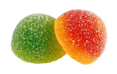Two round, colorful fruit-flavored gummy candies, close-up