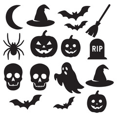 "Halloween Icons Set – Spooky Pumpkin, Ghost, Witch, Bat, and Haunted Symbols Vector"

