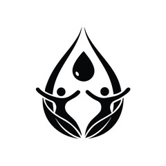 Two figures unite inside a water drop in black against a transparent background
