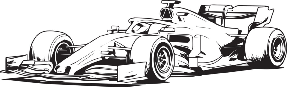 high speed open wheel race car vector illustration, detailed monochrome single-seater racing vehicle drawing