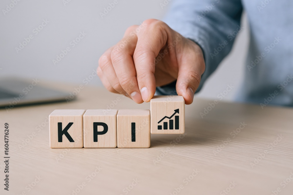 Poster business hand stacking wooden blocks with kpi and growth bar chart puzzle representing performance m
