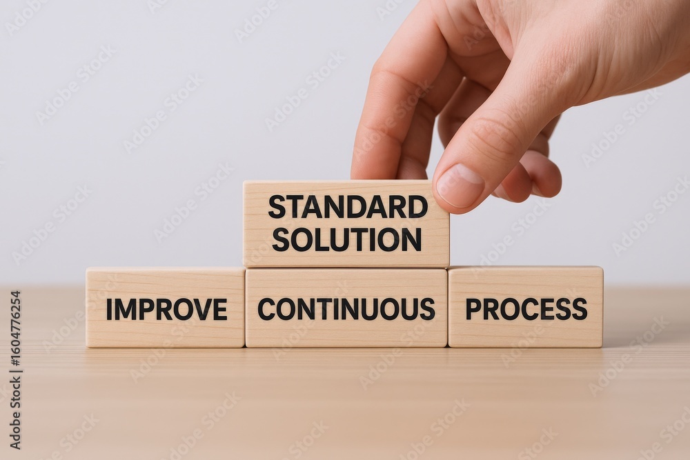 Poster hand placing wooden block labeled standard solution on table with other blocks labeled improve conti