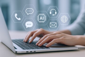 Modern person working on a laptop with digital technology icons floating above in a futuristic workspace setting