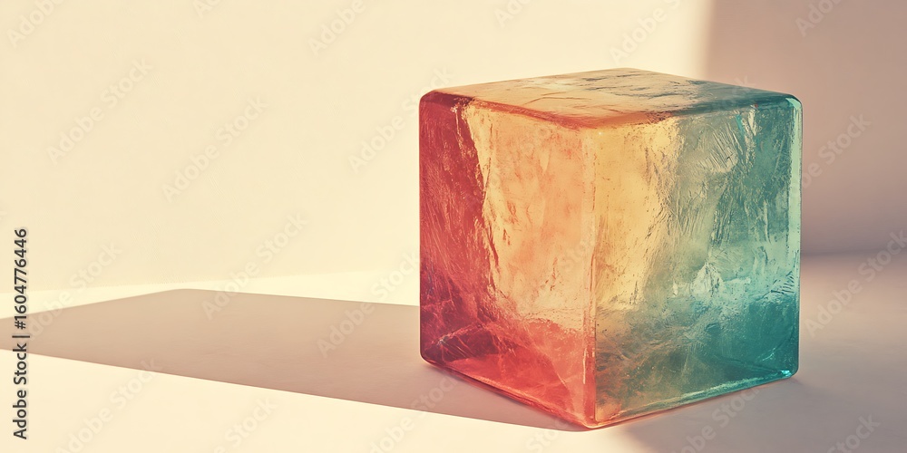 Poster colorful ice cube with soft light and shadow on a minimalist background