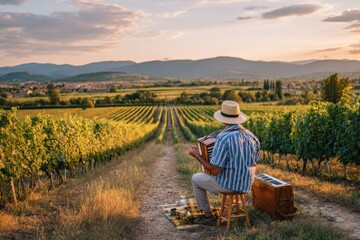 Sunset Melody: A Musician Plays in a Lush Vineyard, Surrounded by Rolling Hills and Breathtaking Scenery, Celebrating Nature and Art in Harmony