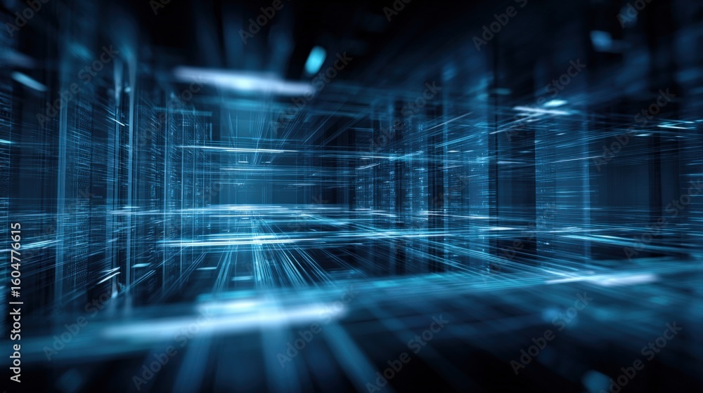 Poster high tech digital data network background with bright holographic light lines and virtual cyber spac