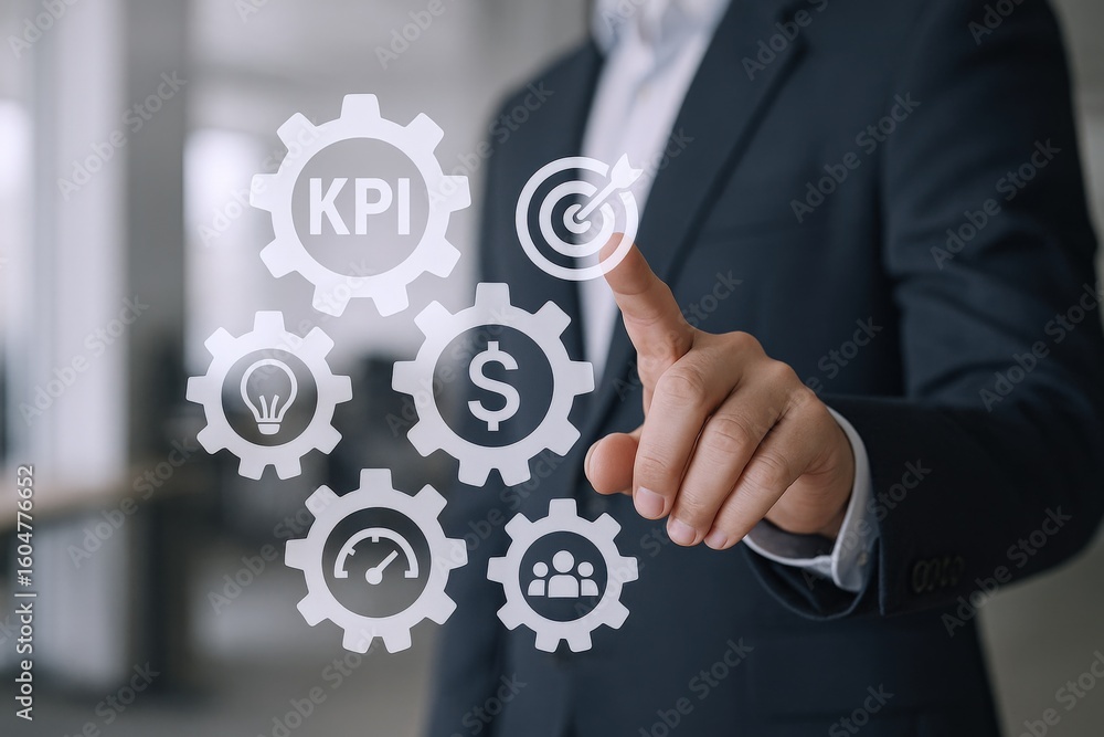 Poster business professional in formal suit interacting with digital interface displaying kpi and goal achi