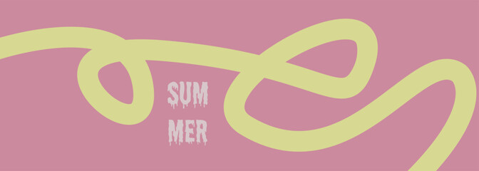 Abstract summer design with playful yellow swirl line on a pink background and bold text. Funky and artistic banner perfect for seasonal promotions or creative projects. Vibrant retro-style layout for