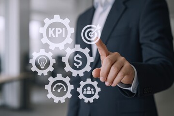 Business professional in formal suit interacting with digital interface displaying KPI and goal achievement icons on transparent glass wall