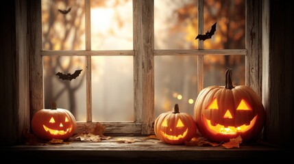 Obraz premium Spooky Halloween Scene with Illuminated Jack-o-Lanterns and Flying Bats on a Wooden ill Du Autumn Evening