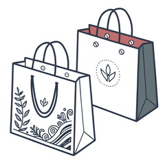 Two stylized shopping bags with decorative floral and abstract patterns one featuring a minimalist leaf logo presented on a white background