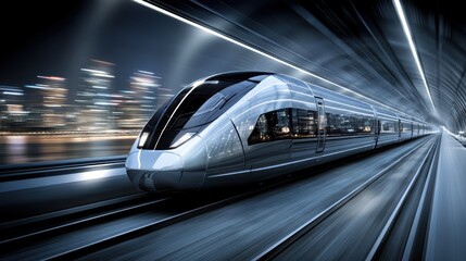 Fototapeta premium A sleek high-speed train travels through a futuristic tunnel, with a blurred cityscape glowing in the background at night