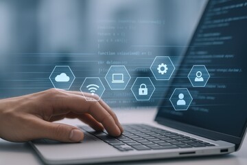 Close-up of a person's hand using a laptop computer with digital security and cloud technology icons overlaid in a modern office setting