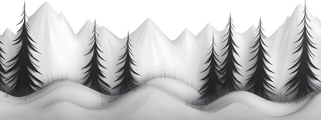 Black and White Winter Landscape with Pine Trees and Snowy Mountains
