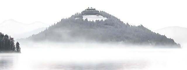 Serene Mountain Landscape with Misty Waters and Foggy Atmosphere