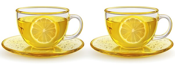 Two Transparent Cups of Lemon Tea with Slices of Lemon on Plates