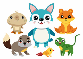Here's a concise sentence describing the image:

A cute cartoon animal collection of baby pet vector illustration set with dog, cat, bear, lion, cow, rabbit, puppy, tiger, and sheep characters perfect
