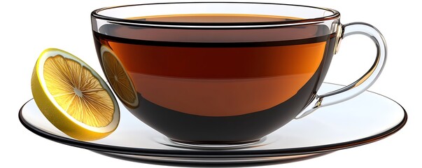 Freshly Brewed Tea with Lemon Slice in Glass Cup on White Background