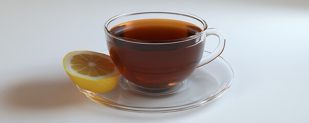 Freshly Brewed Tea with Lemon Slice on a White Background