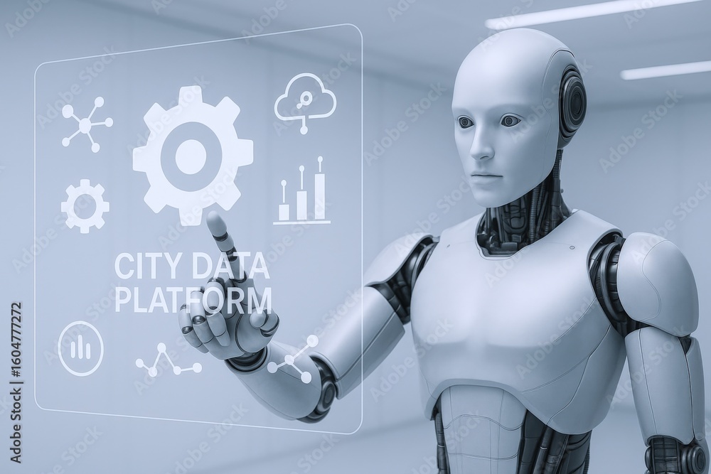 Poster highly detailed futuristic humanoid robot interacting with transparent digital city data platform in