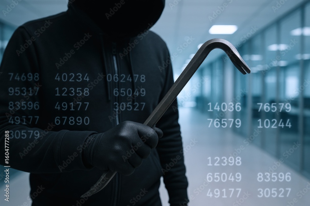 Aufkleber male hacker wea black hoodie and gloves using a computer with digital code overlay in a modern offic